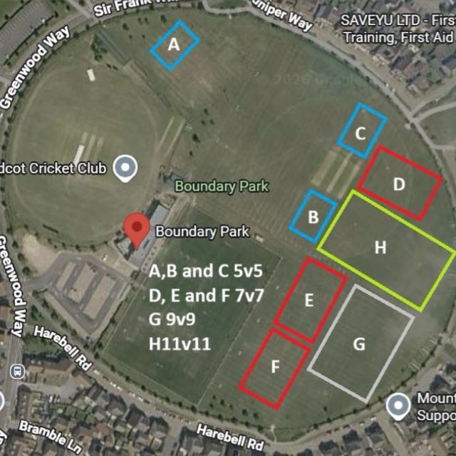 Aerial map of Boundary Park showing pitches A to H and their formats